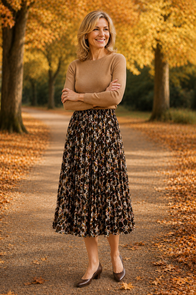 Pleated Autumn Leaves Midi Skirt - Brown