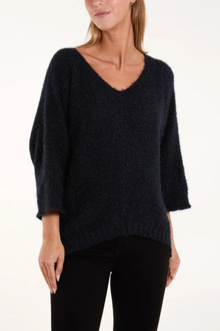 Fluffy V-Neck Knit - Navy