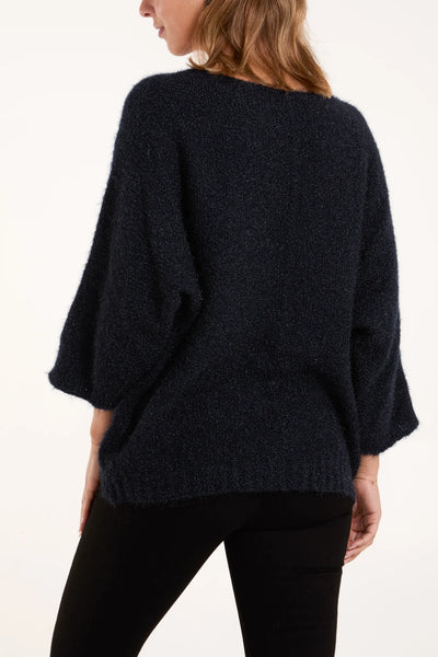 Fluffy V-Neck Knit - Navy