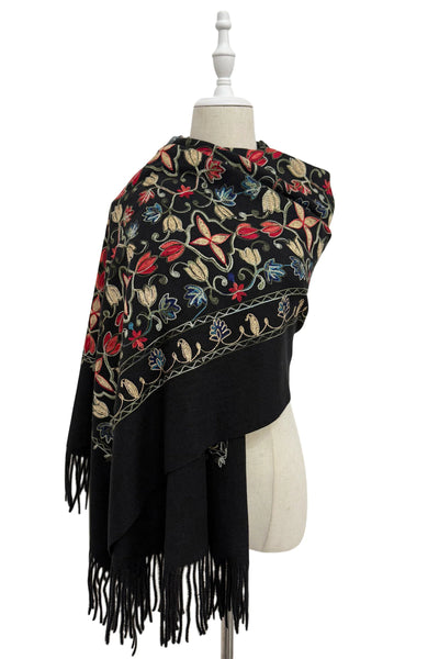Embroidered Tulip Shawl-Scarf - Black/Multi