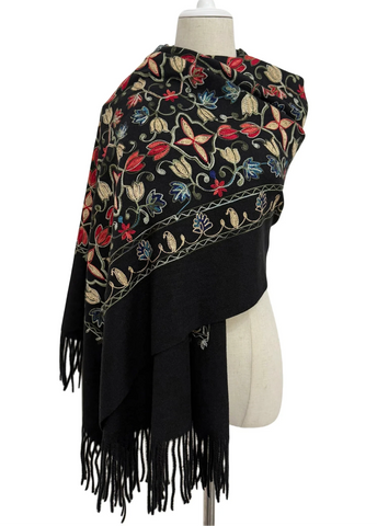 Embroidered Tulip Shawl-Scarf - Black/Multi
