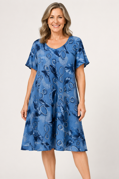 Feather Print Dress - Denim