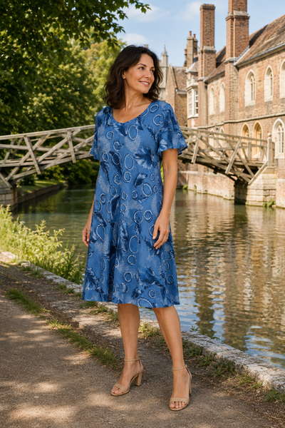 Feather Print Dress - Denim