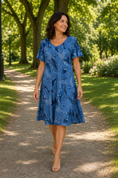 Feather Print Dress - Denim