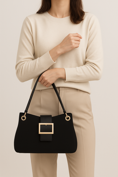 Suede-Effect Slouch Bag - Black