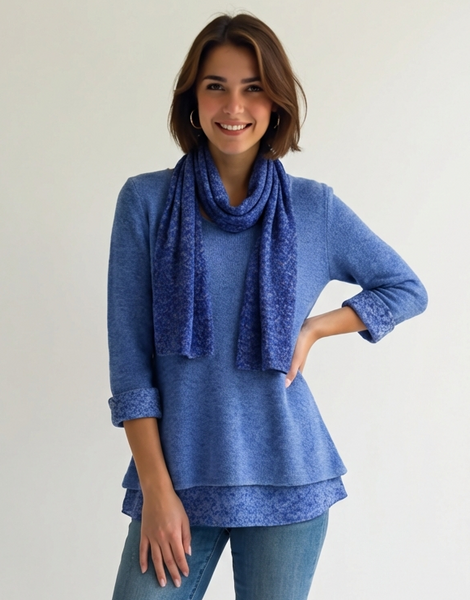 Knitted Layer Top with Scarf -  Blue