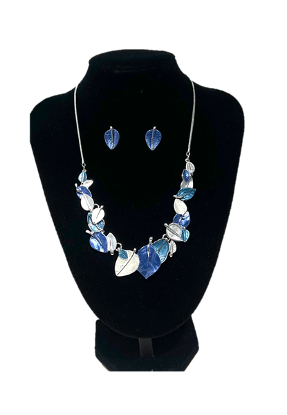 Leaf Necklace & Matching Earrings - Blue