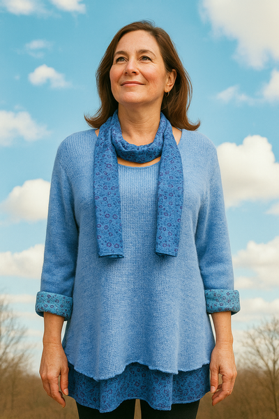 Knitted Layer Top with Scarf - Blue