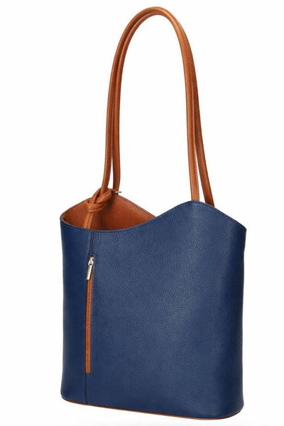 Italian Leather Pebble-Dash Backpack - Blue & Tan