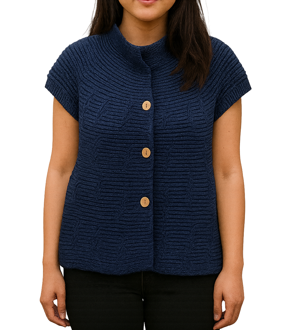 Short Sleeve 3 Button Cardigan - Navy