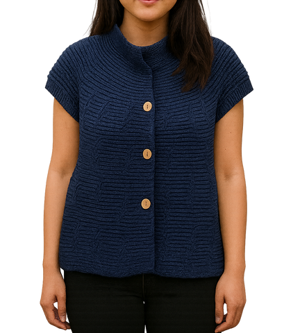 Short Sleeve 3 Button Cardigan - Navy