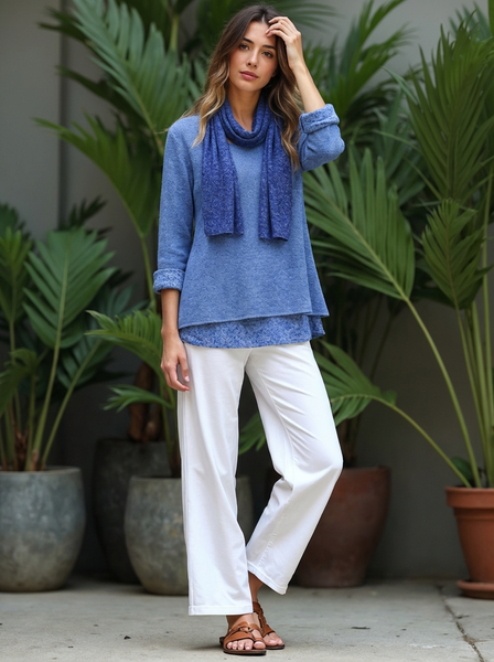 Knitted Layer Top with Scarf -  Blue