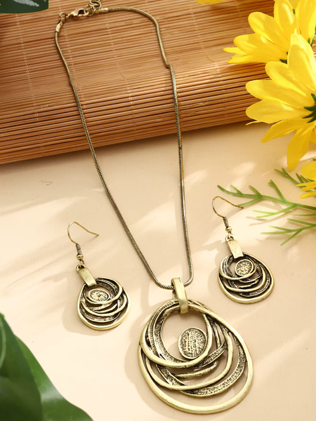 Random Circles Necklace & Earrings - Rustic Golds
