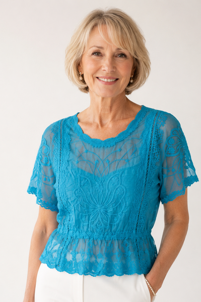 Lacy Butterfly Sleeve Top - Turquoise