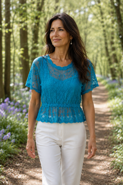 Lacy Butterfly Sleeve Top - Turquoise