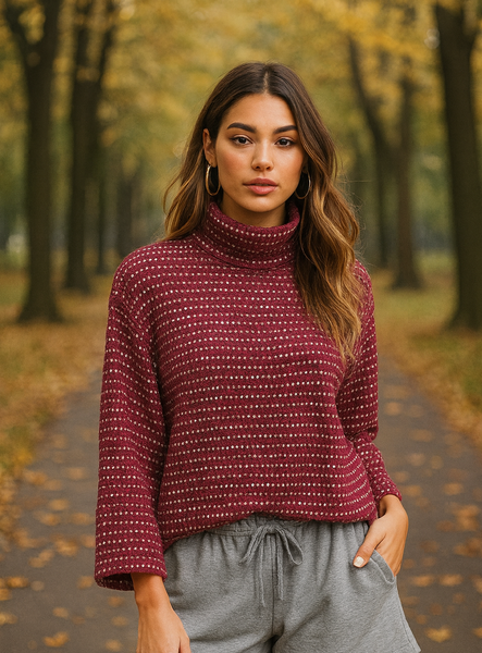 Roll Neck Flecked Knit - Burgundy