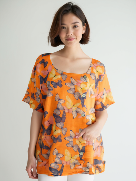 Butterfly Print Top with Buttons - Orange