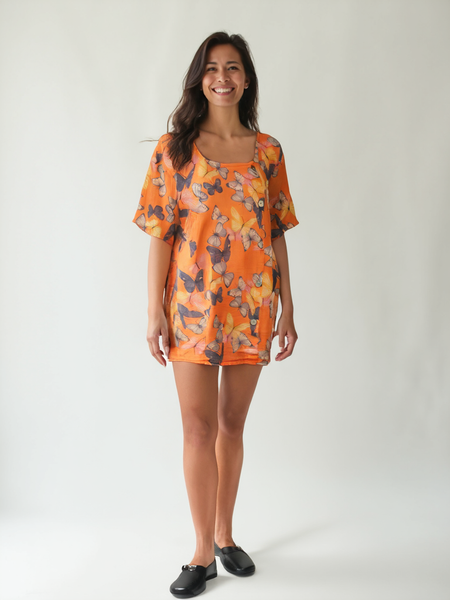 Butterfly Print Top with Buttons - Orange