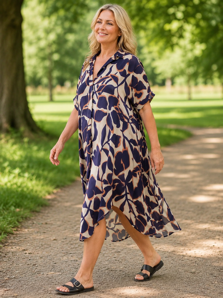 Autumn Leaves Print Dress - Navy