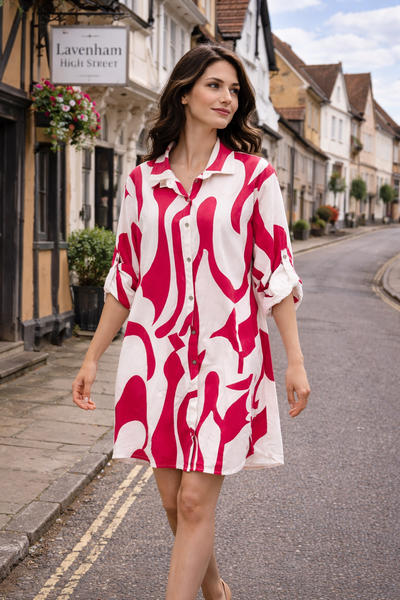 Abstract Print Shirt Dress - Fuchsia