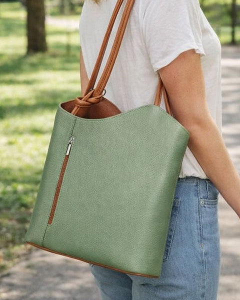 Italian Leather Pebble-Dash Backpack - Lime & Tan