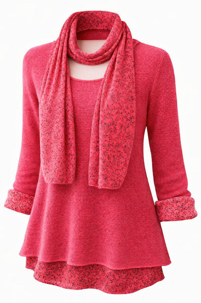 Knitted Layer Top with Scarf - Red