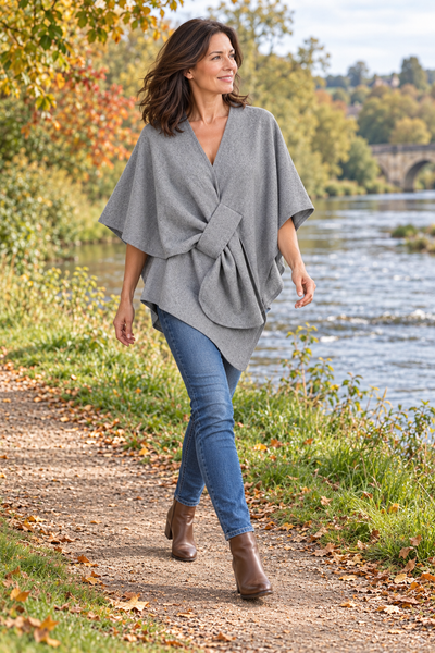 Poncho with Self-Tie Waist - Grey