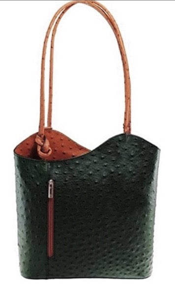 Ostrich Effect Leather Backpack Handbag - Dark Green/Tan