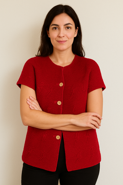 Short Sleeve 3 Button Cardigan - Red