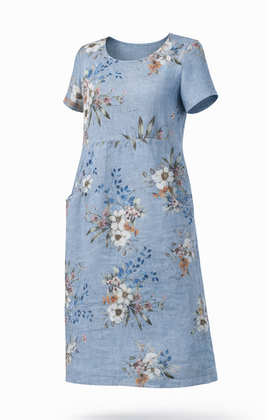 Floral Linen Shift Dress - Powder Blue