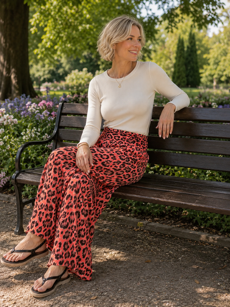 Animal Print Wide Leg Trousers - Coral