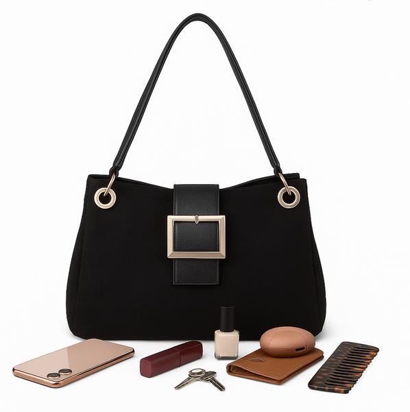 Suede-Effect Slouch Bag - Black