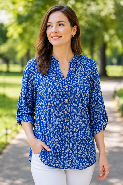 Ditsy Flower Grandad Top - Royal Blue