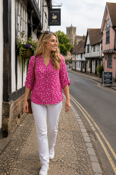 Ditsy Flower Grandad Top - Fuchsia