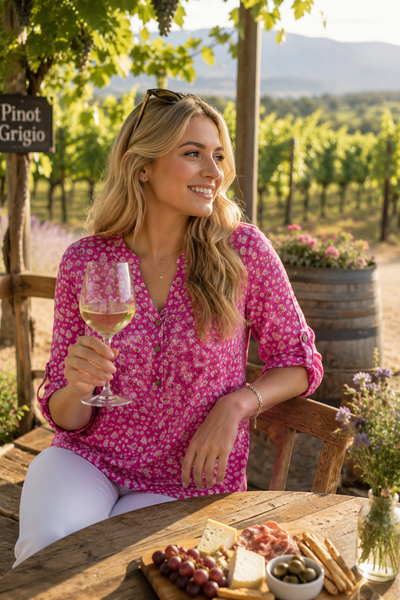 Ditsy Flower Grandad Top - Fuchsia