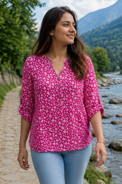 Ditsy Flower Grandad Top - Fuchsia