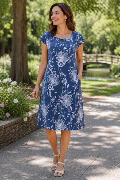 Linen Shift Dandelion Print - Royal Blue