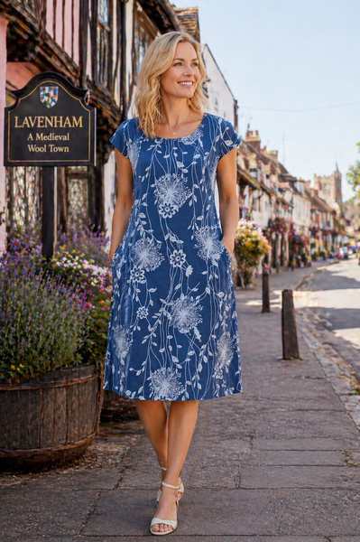 Linen Shift Dandelion Print - Royal Blue