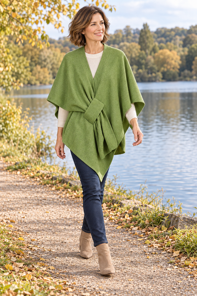 Poncho with Self-Tie Waist  - Apple Green