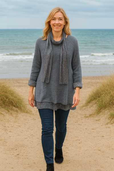 Knitted Layer Top with Scarf - Denim