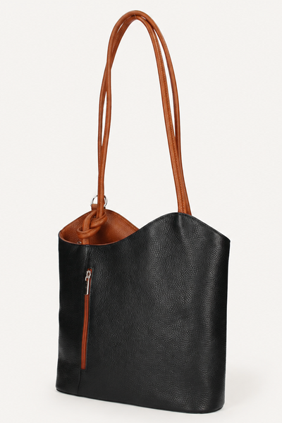 Italian Leather Pebble-Dash Backpack - Black & Tan