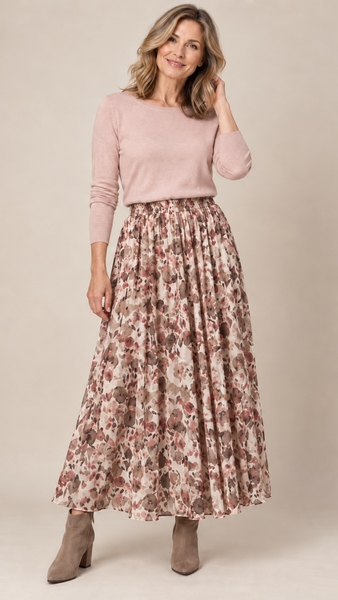 Pleated Autumn Leaves Midi Skirt - Beige