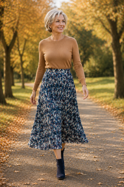 Pleated Autumn Leaves Midi Skirt - Navy