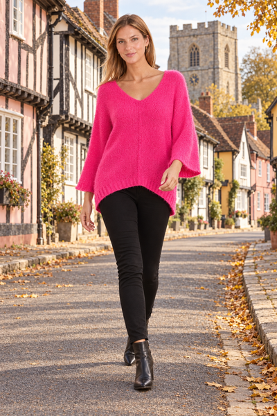 Fluffy V-Neck Knit - Pink