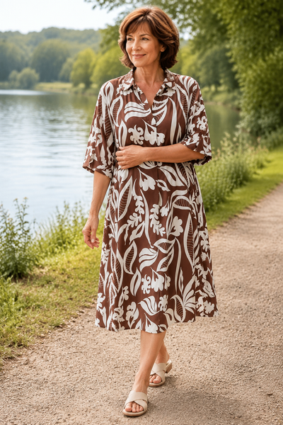 Abstract Print Dress with Collar - Chocolate