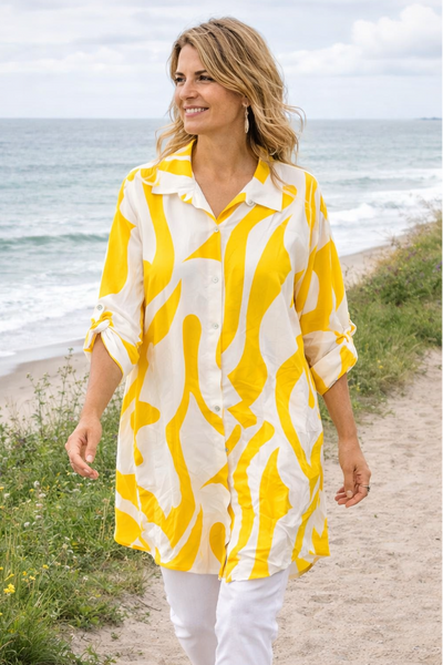 Abstract Print Shirt Dress - Yellow