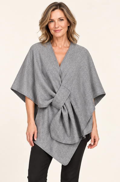 Poncho with Self-Tie Waist - Grey