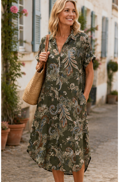 Paisley Print Dress - Khaki Green