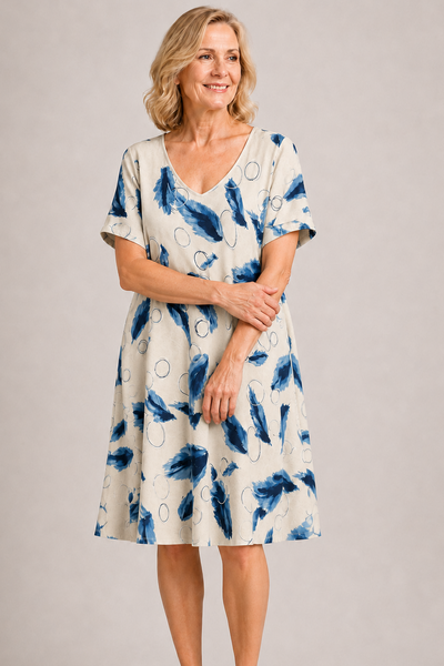 Feather Print Dress - Beige