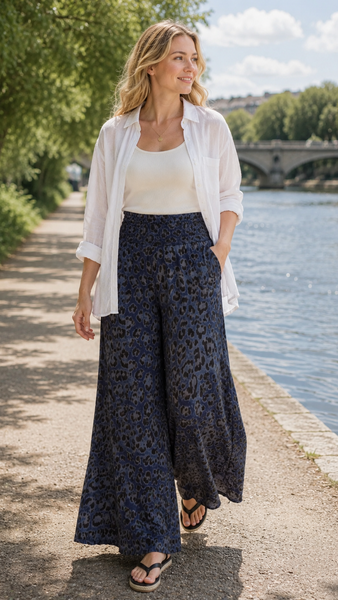 Animal Print Wide Leg Trousers - Navy